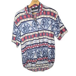 Lemon Grass Blouse Blue Red Cream M Boho Folk Art Print Rayon Short Sleeve
